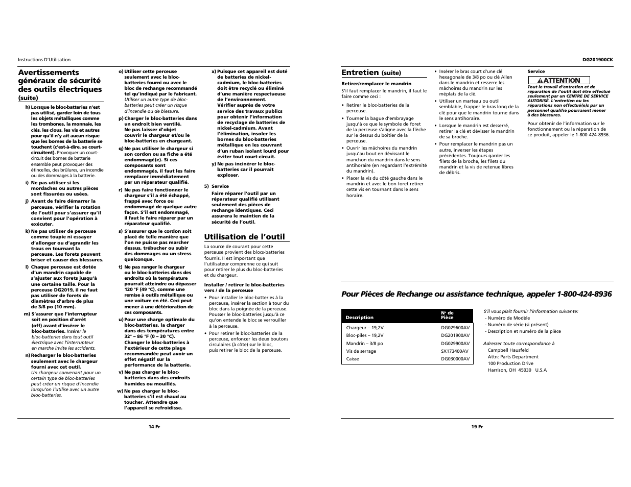 Entretien, Utilisation de l’outil | Campbell Hausfeld DG201900CK User Manual | Page 14 / 16