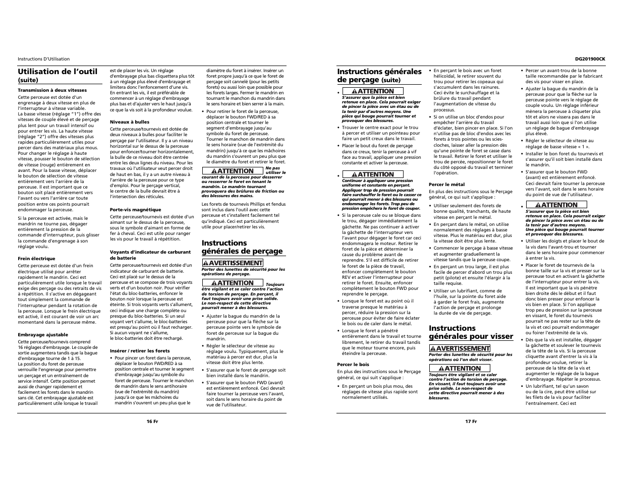 Instructions générales de perçage, Instructions générales pour visser, Utilisation de l’outil | Campbell Hausfeld DG201900CK User Manual | Page 16 / 16