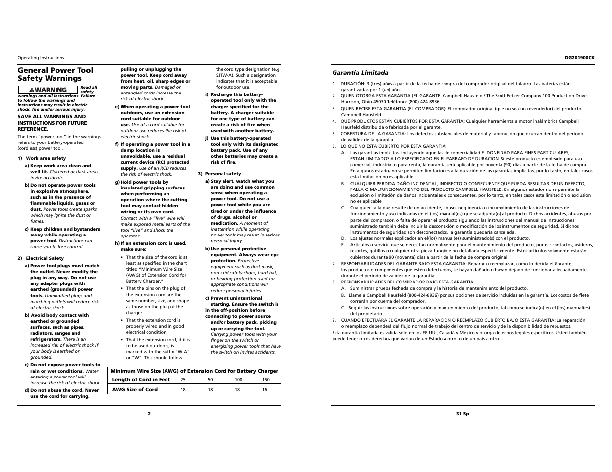 General power tool safety warnings | Campbell Hausfeld DG201900CK User Manual | Page 2 / 16