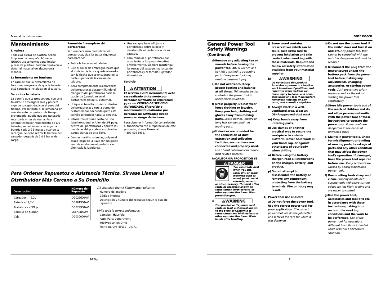 Mantenimiento, General power tool safety warnings | Campbell Hausfeld DG201900CK User Manual | Page 3 / 16