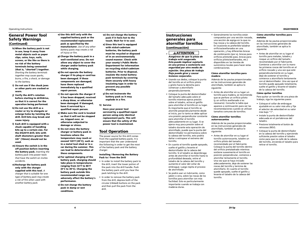 Instrucciones generales para atornillar tornillos, General power tool safety warnings, Tool operation | Campbell Hausfeld DG201900CK User Manual | Page 4 / 16