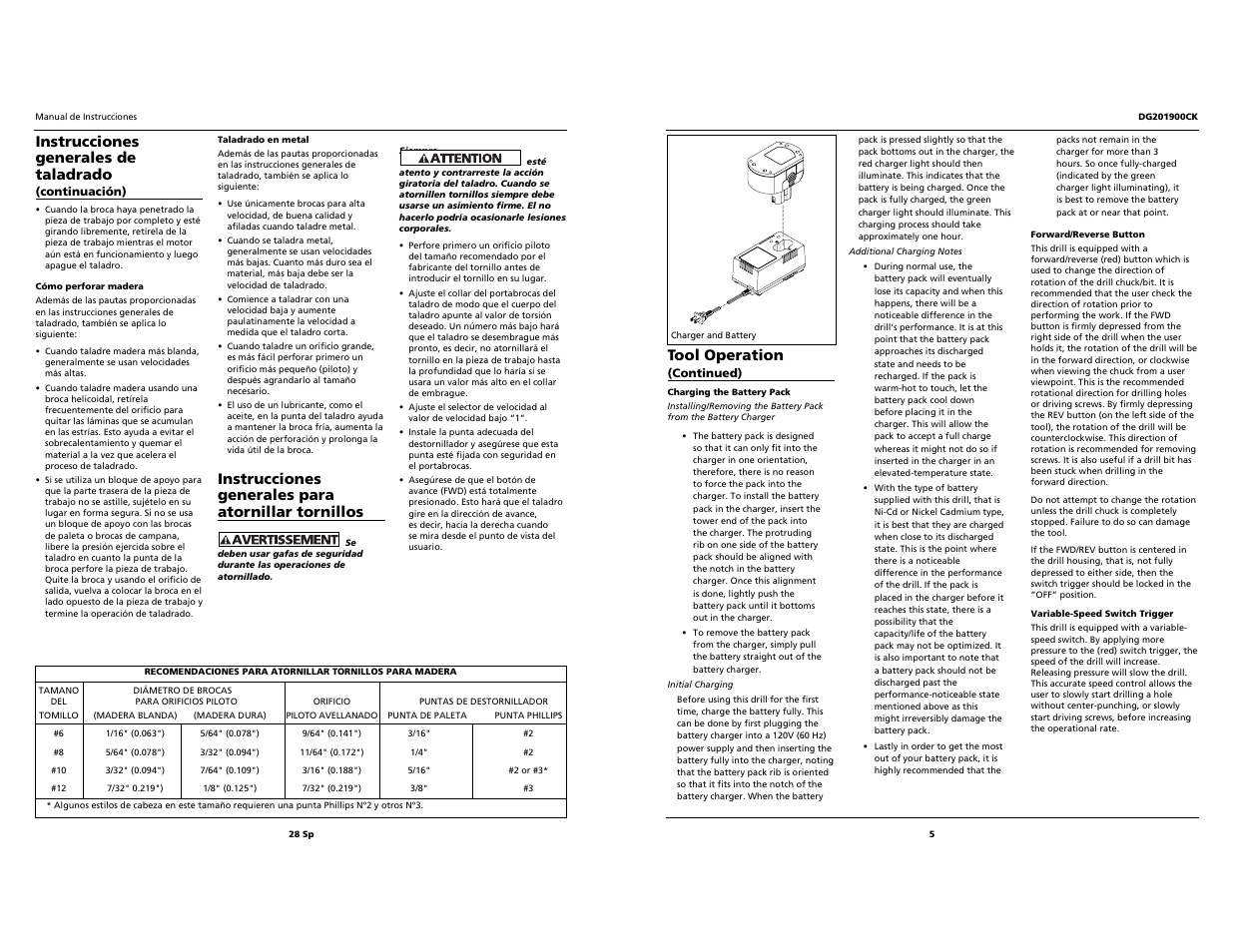 Instrucciones generales de taladrado, Instrucciones generales para atornillar tornillos, Tool operation | Campbell Hausfeld DG201900CK User Manual | Page 5 / 16