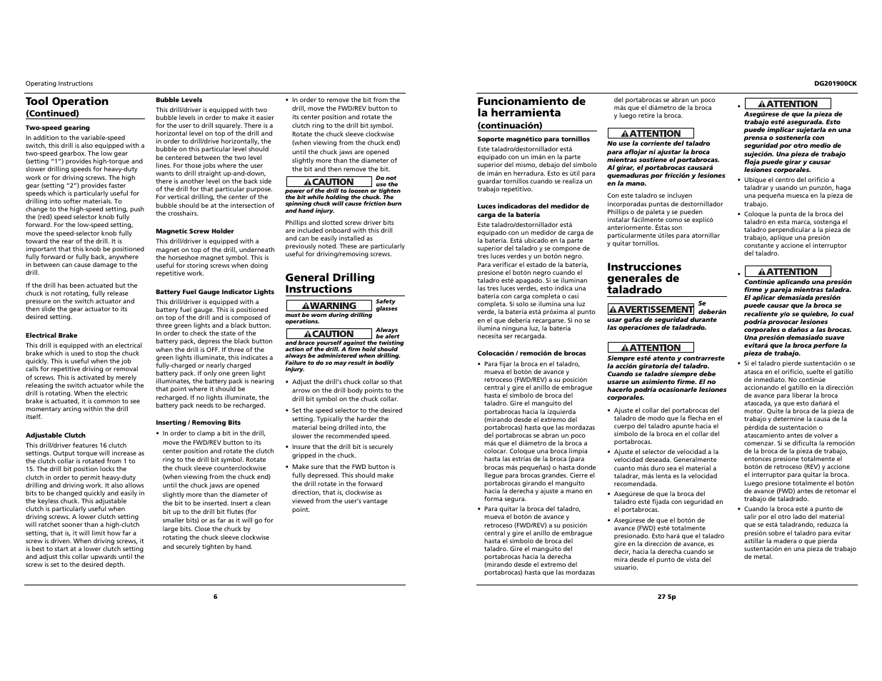 Funcionamiento de la herramienta, Instrucciones generales de taladrado, Tool operation | General drilling instructions | Campbell Hausfeld DG201900CK User Manual | Page 6 / 16