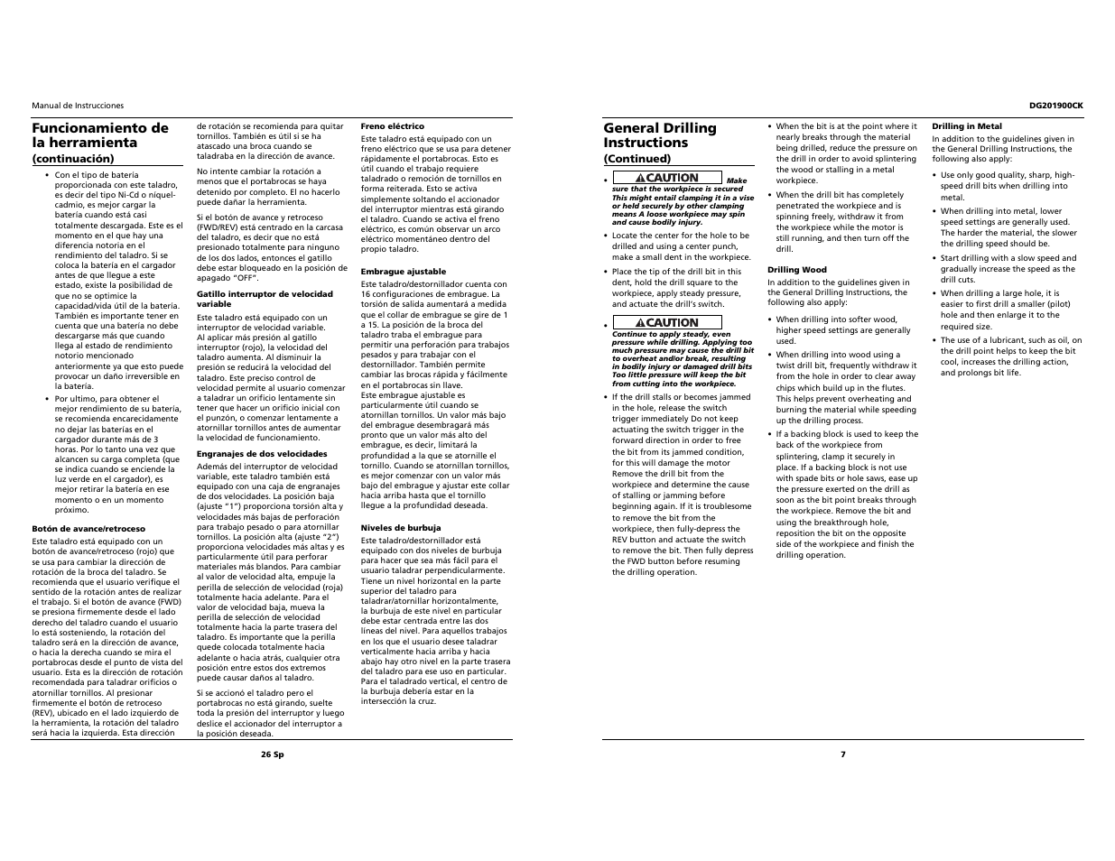 Funcionamiento de la herramienta, General drilling instructions | Campbell Hausfeld DG201900CK User Manual | Page 7 / 16