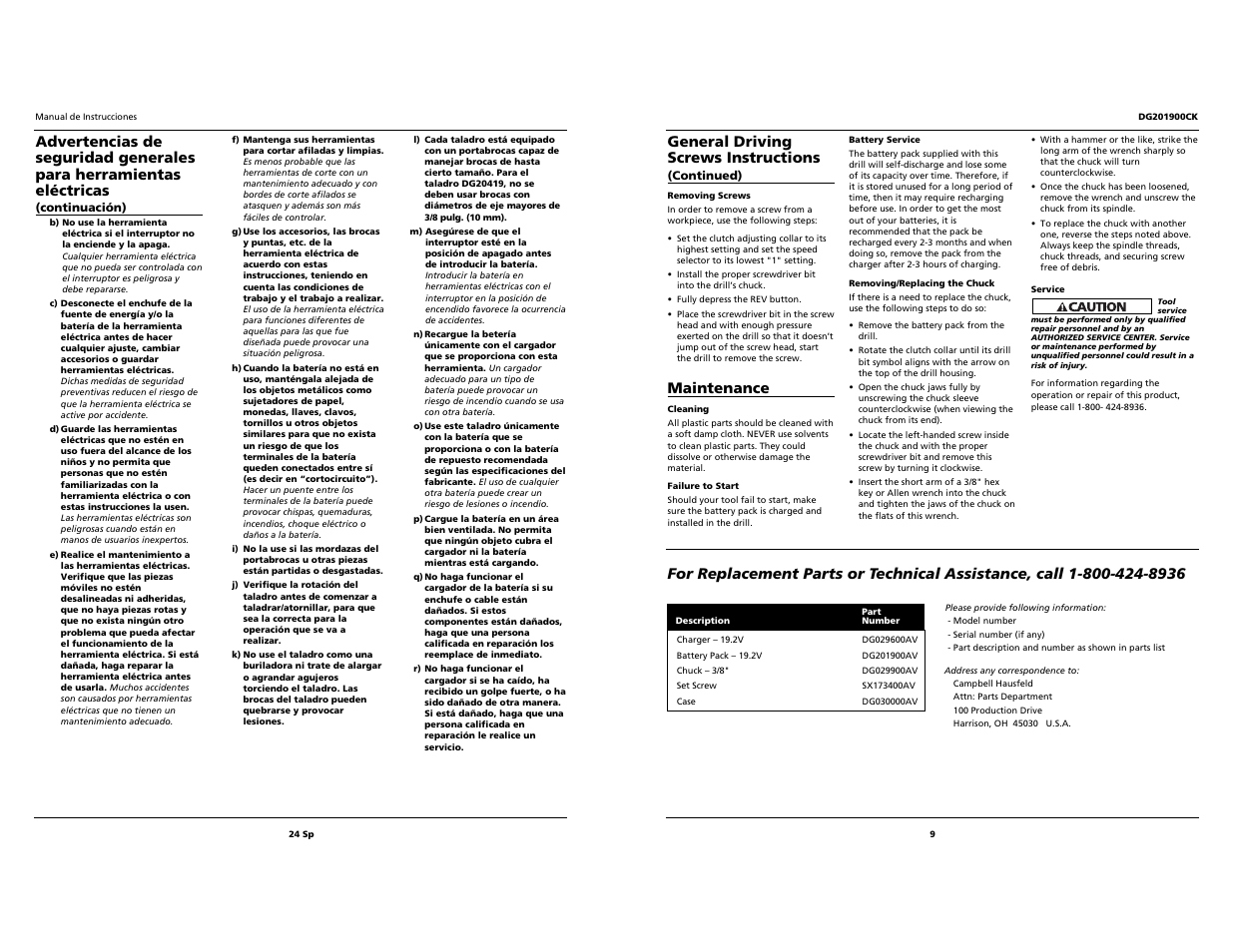 General driving screws instructions, Maintenance | Campbell Hausfeld DG201900CK User Manual | Page 9 / 16