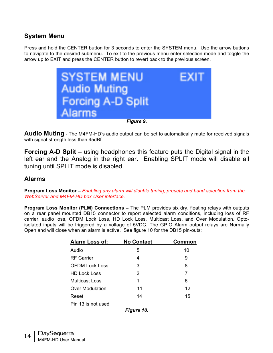 System menu, Audio muting, Alarms | DaySequerra M4FM-HD User Manual | Page 14 / 27