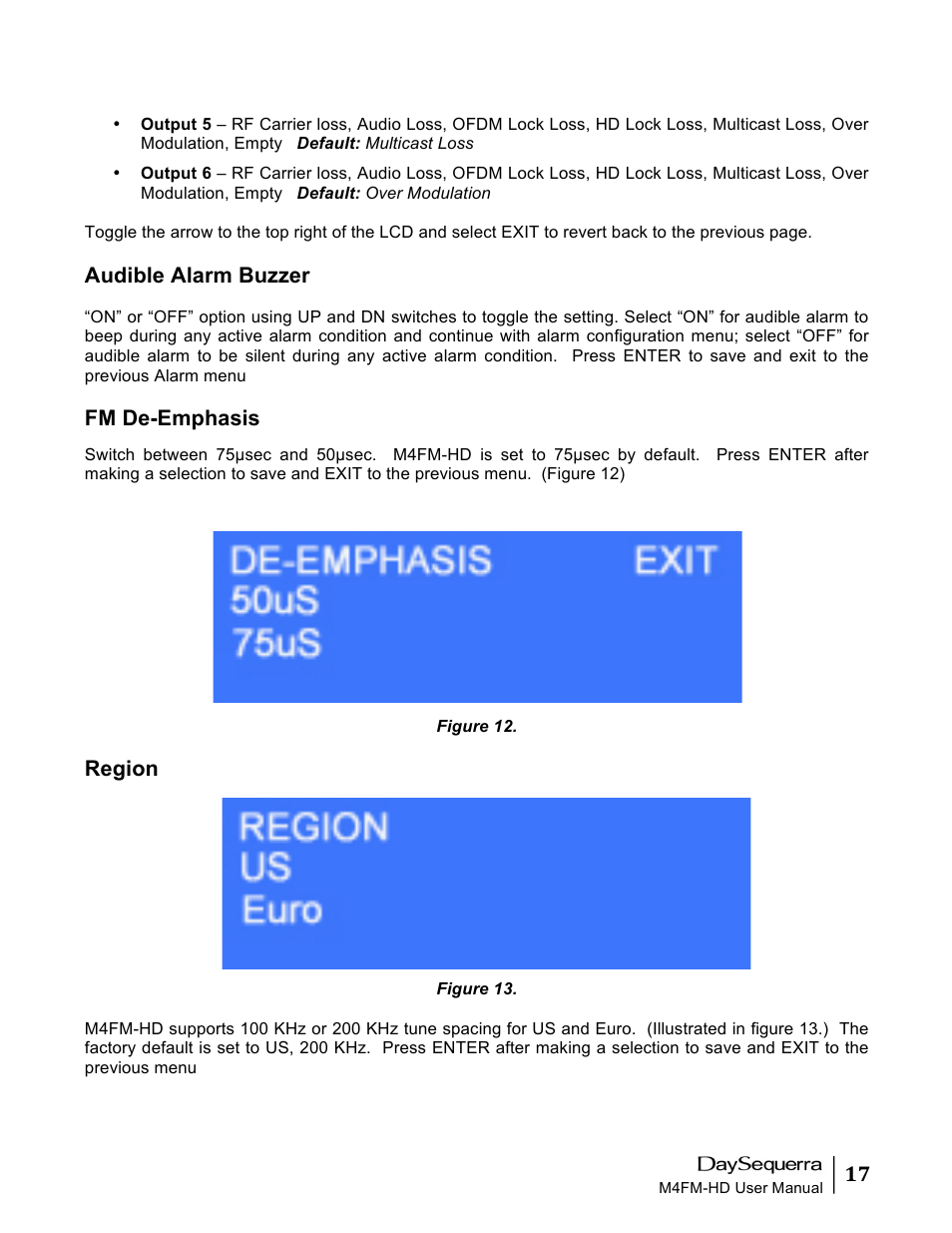 Audible alarm buzzer, Fm de-emphasis, Region | DaySequerra M4FM-HD User Manual | Page 17 / 27