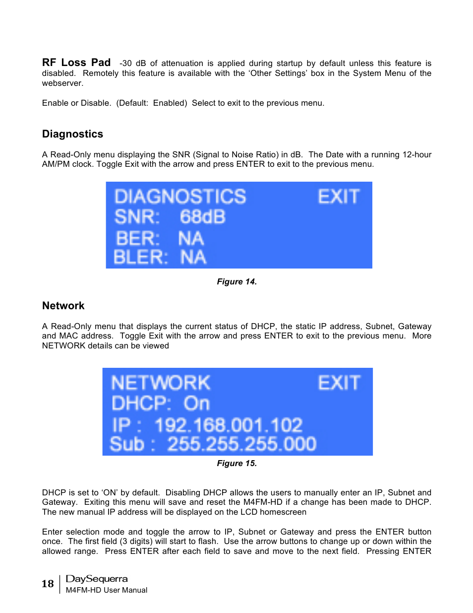 Rf loss pad, Diagnostics, Network | DaySequerra M4FM-HD User Manual | Page 18 / 27