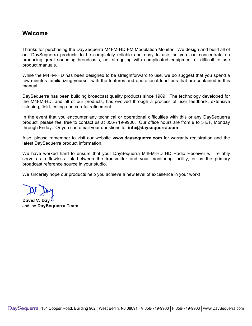 Welcome | DaySequerra M4FM-HD User Manual | Page 2 / 27