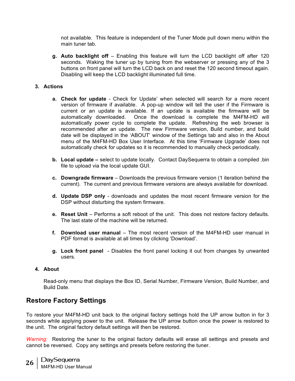 Restore factory settings | DaySequerra M4FM-HD User Manual | Page 26 / 27