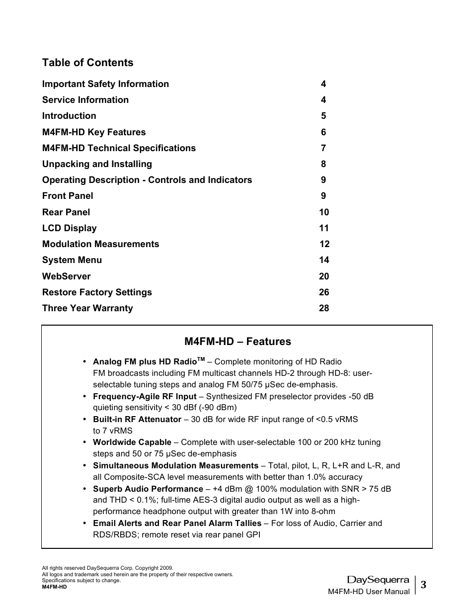 DaySequerra M4FM-HD User Manual | Page 3 / 27