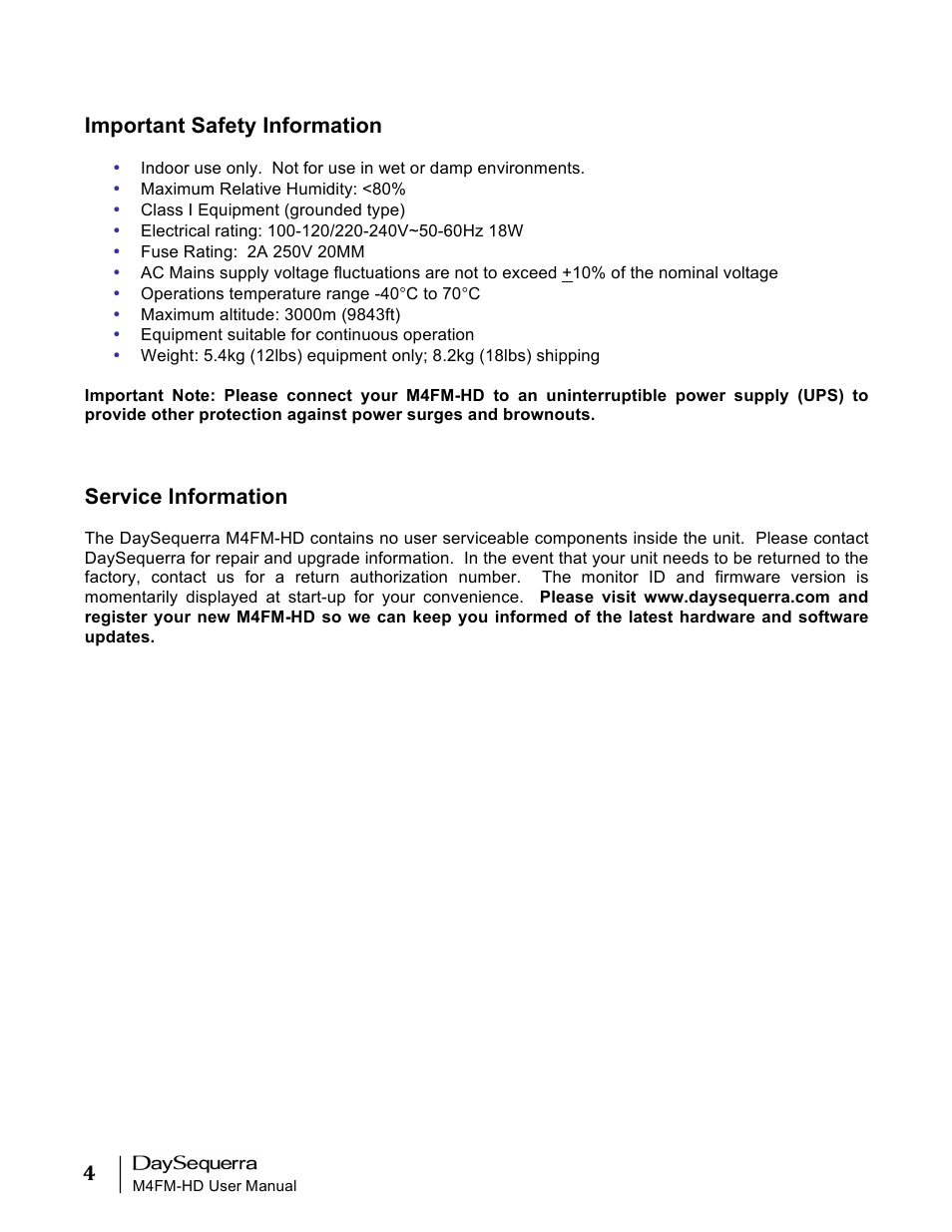 Important safety information, Service information | DaySequerra M4FM-HD User Manual | Page 4 / 27