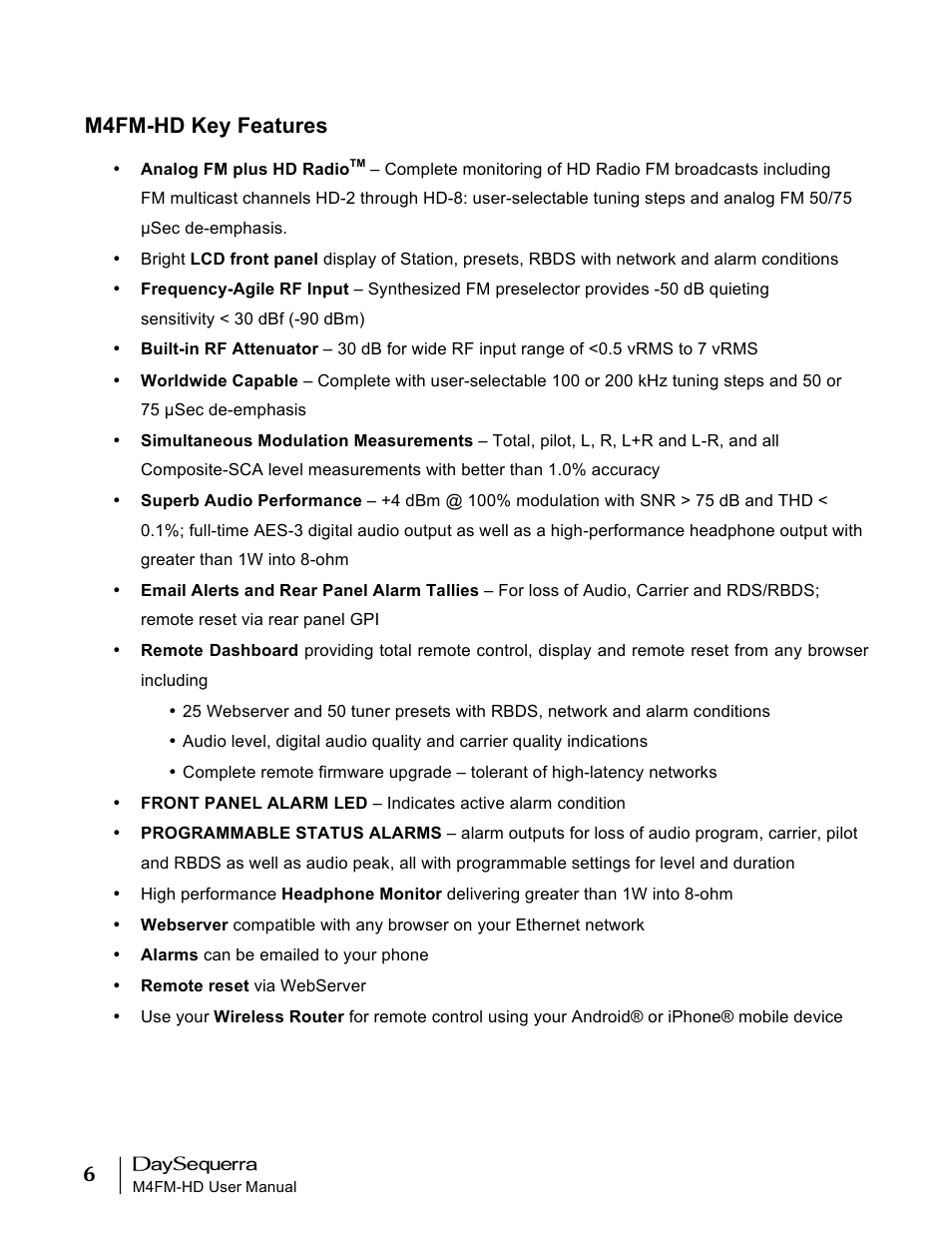 M4fm-hd key features | DaySequerra M4FM-HD User Manual | Page 6 / 27