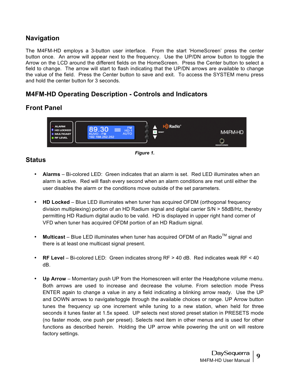 Navigation, Front panel, Status | DaySequerra M4FM-HD User Manual | Page 9 / 27