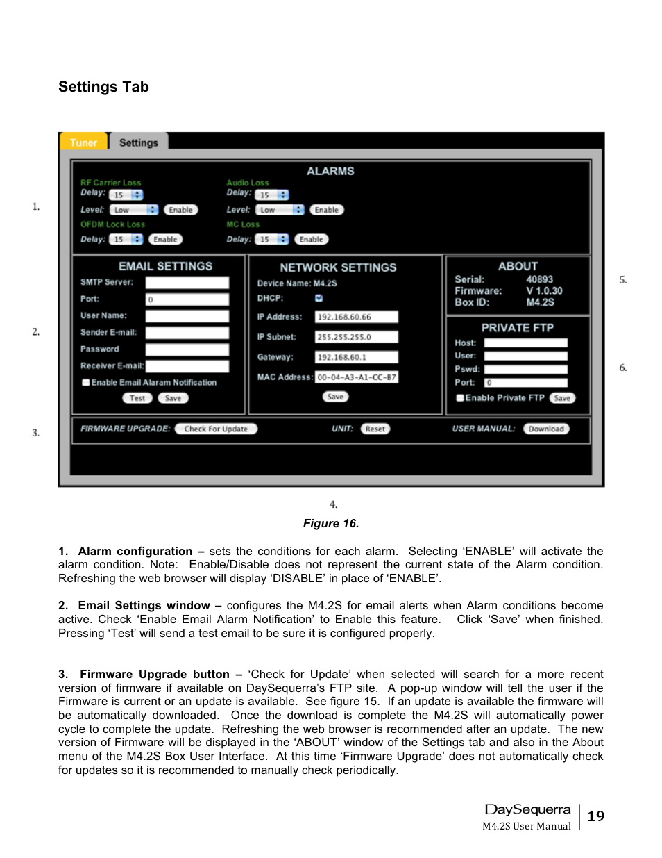 Settings tab | DaySequerra M4.2S User Manual | Page 19 / 21