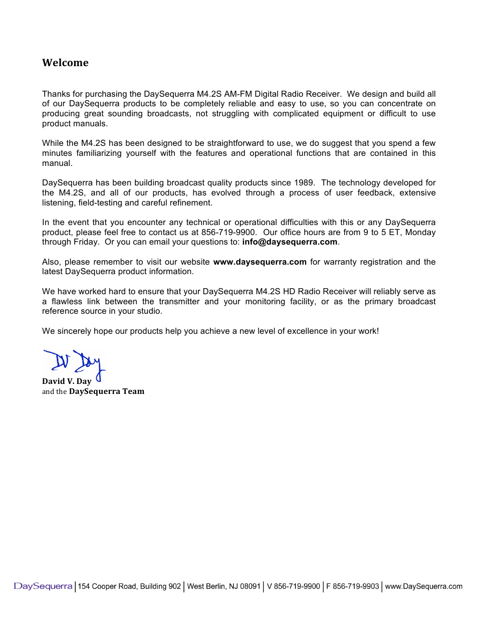 Welcome | DaySequerra M4.2S User Manual | Page 2 / 21