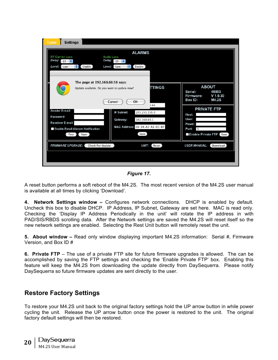 Restore factory settings | DaySequerra M4.2S User Manual | Page 20 / 21