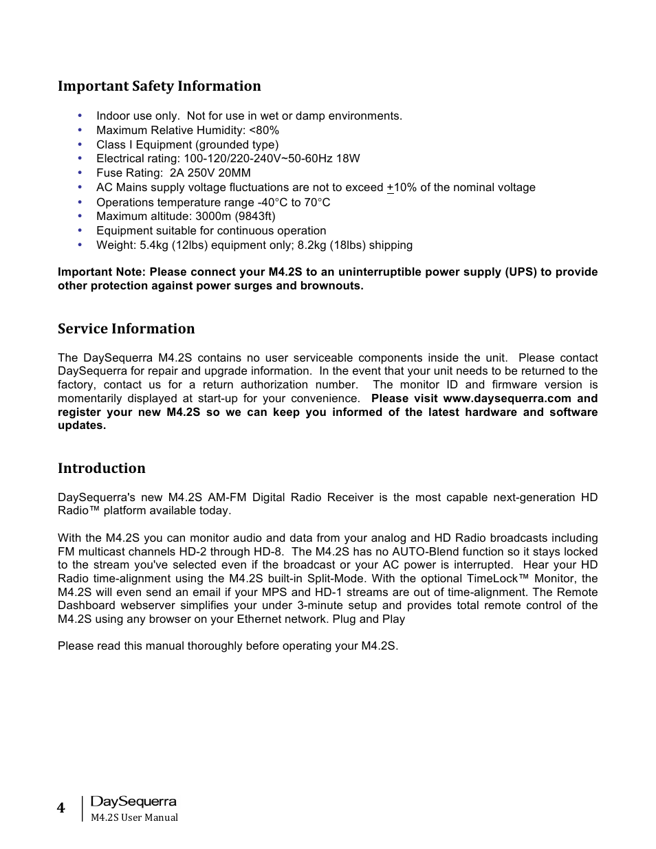 Important safety information, Service information, Introduction | DaySequerra M4.2S User Manual | Page 4 / 21