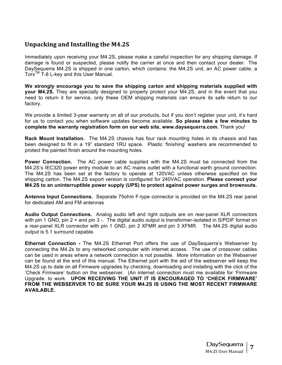 Unpacking and installing the m4.2s | DaySequerra M4.2S User Manual | Page 7 / 21