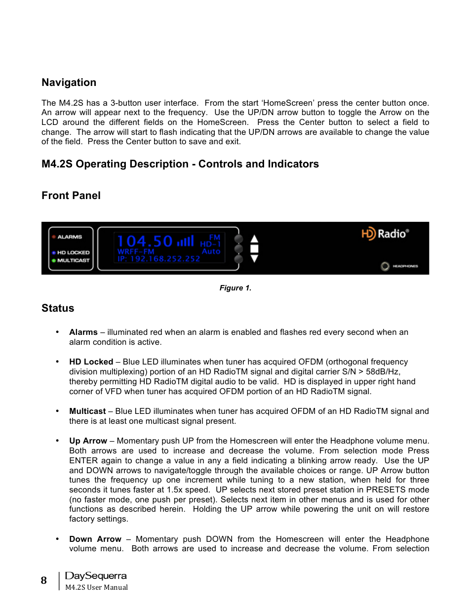 Navigation, Front panel, Status | DaySequerra M4.2S User Manual | Page 8 / 21