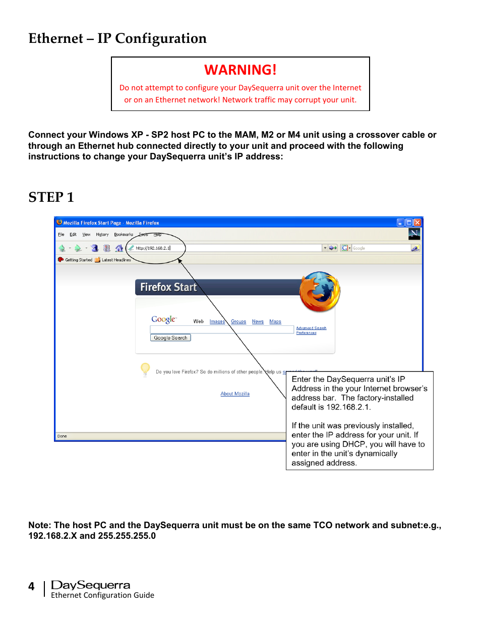 Warning, Ethernet – ip configuration, Step 1 | DaySequerra Remote Dashboard User Manual | Page 4 / 12