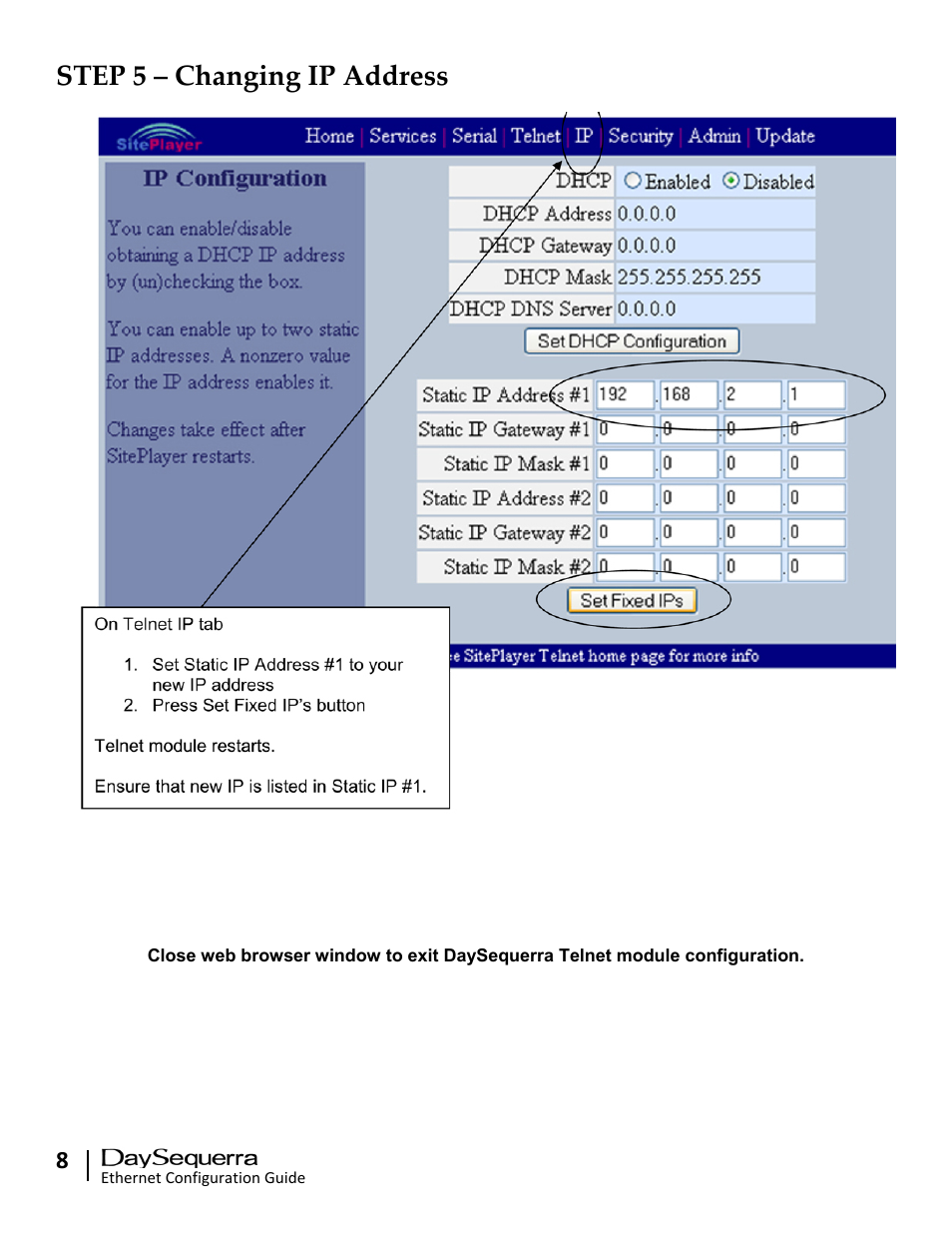 Step 5 – changing ip address | DaySequerra Remote Dashboard User Manual | Page 8 / 12