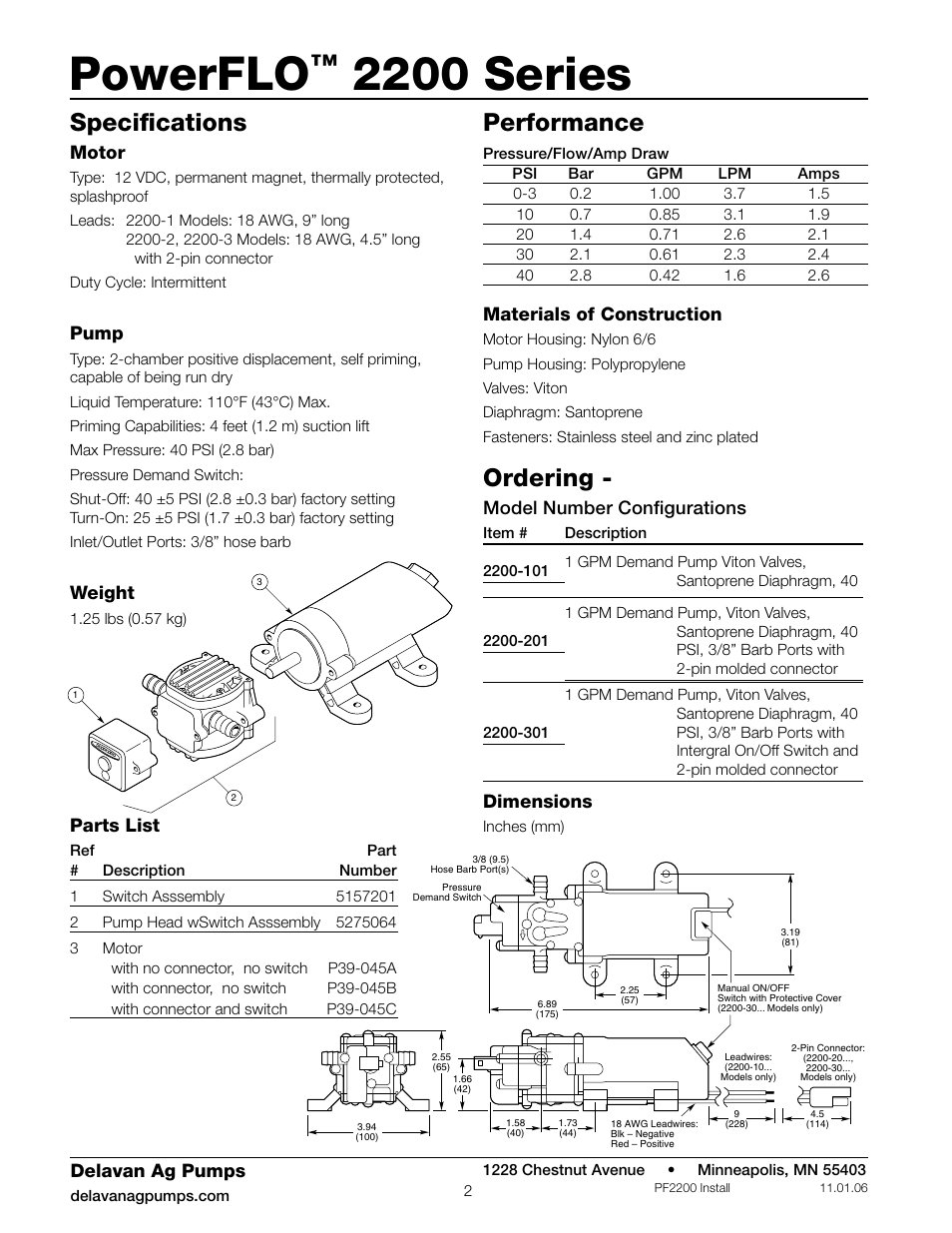 Powerflo, 2200 series, Specifications | Performance, Ordering, Delavan ag pumps, Dimensions, Motor, Pump, Weight | Delavan 2200 Series User Manual | Page 2 / 4