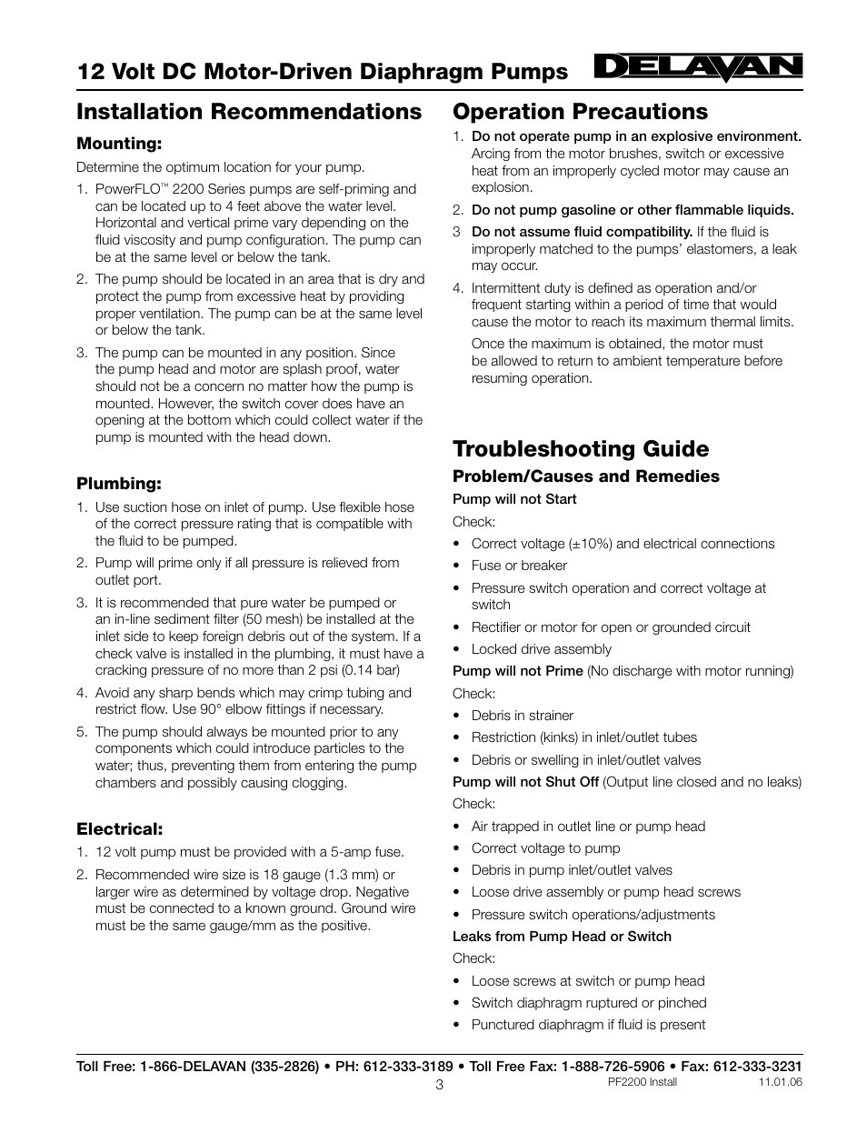12 volt dc motor-driven diaphragm pumps, Installation recommendations, Operation precautions | Troubleshooting guide | Delavan 2200 Series User Manual | Page 3 / 4
