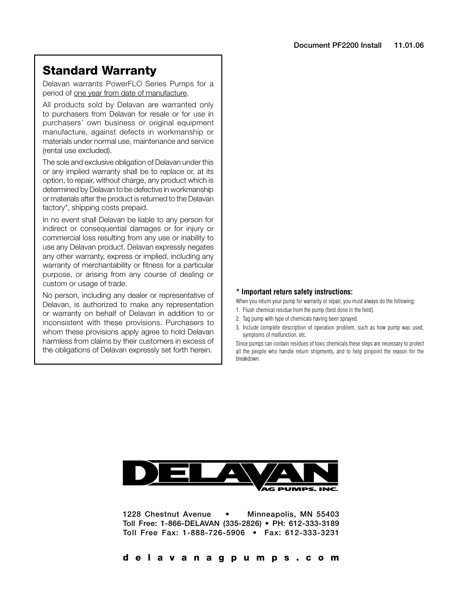 Standard warranty | Delavan 2200 Series User Manual | Page 4 / 4
