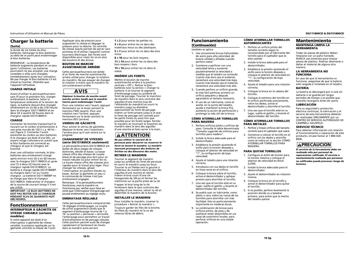 Avis, Attention, Precaucion | Funcionamiento, Mantenimiento, Charger la batterie, Fonctionnement | Campbell Hausfeld DG151800CD User Manual | Page 10 / 14