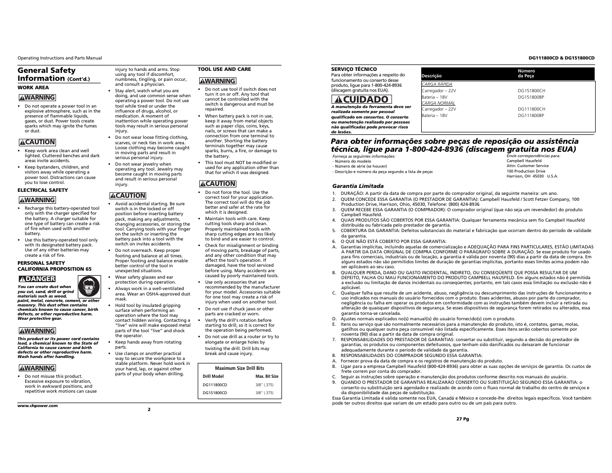 Cuidado, General safety information | Campbell Hausfeld DG151800CD User Manual | Page 2 / 14