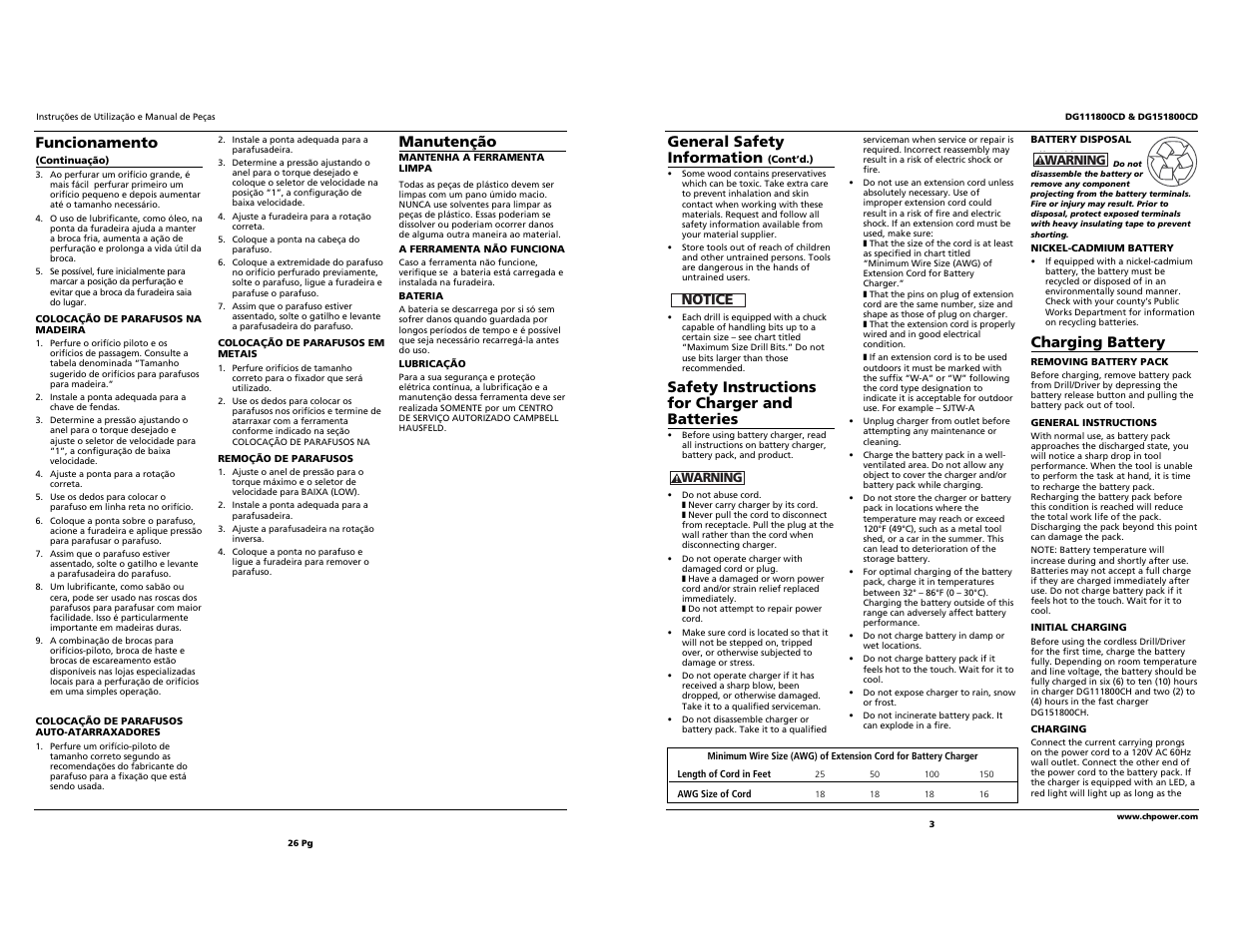General safety information, Safety instructions for charger and batteries, Notice | Charging battery, Funcionamento, Manutenção | Campbell Hausfeld DG151800CD User Manual | Page 3 / 14
