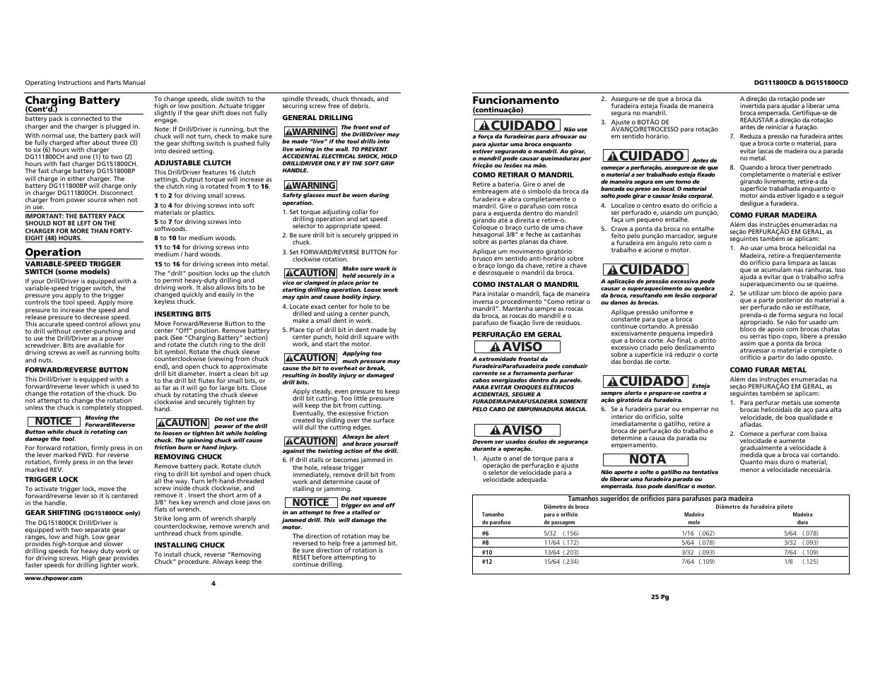Aviso, Cuidado, Nota | Charging battery, Operation, Notice, Funcionamento | Campbell Hausfeld DG151800CD User Manual | Page 4 / 14