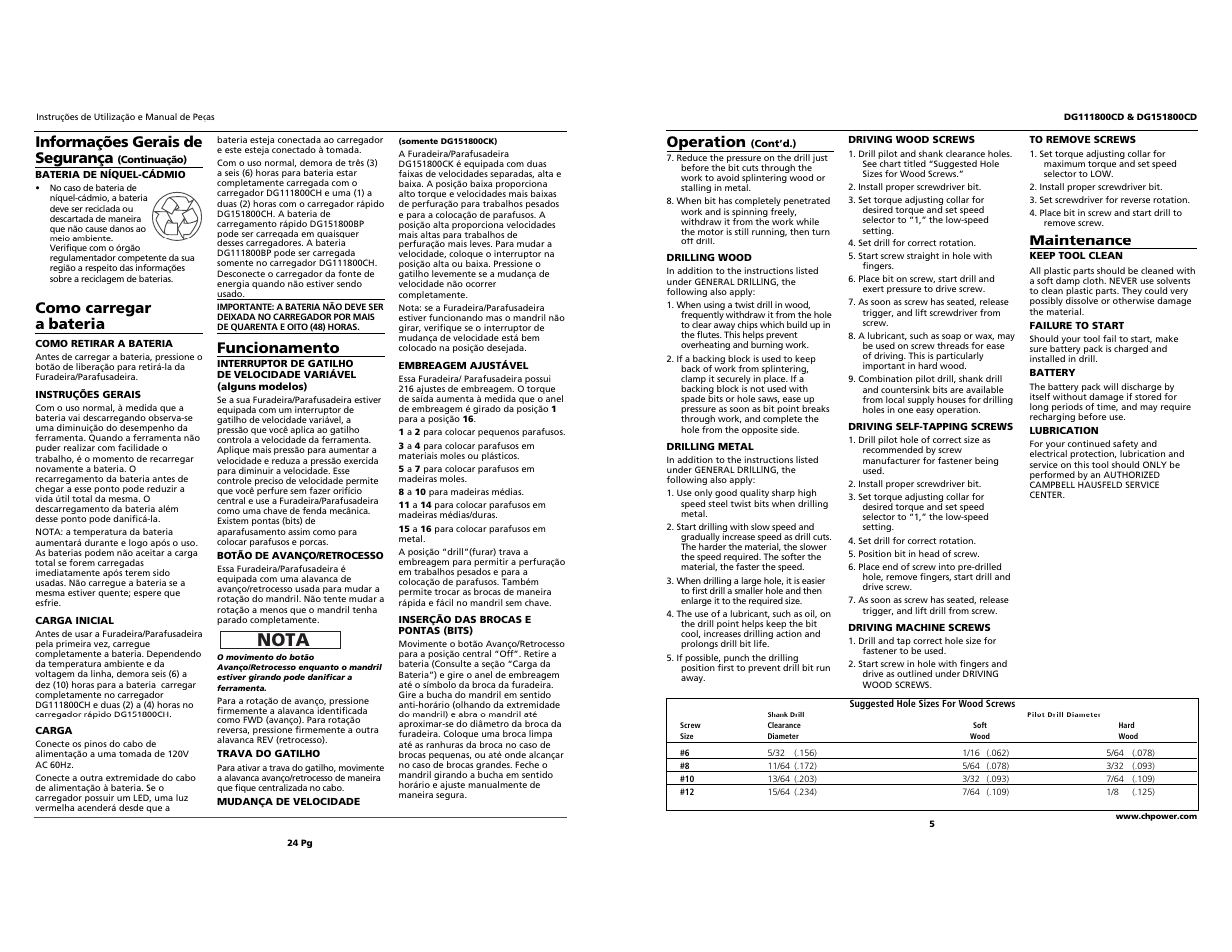 Nota, Operation, Maintenance | Informações gerais de segurança, Como carregar a bateria, Funcionamento | Campbell Hausfeld DG151800CD User Manual | Page 5 / 14