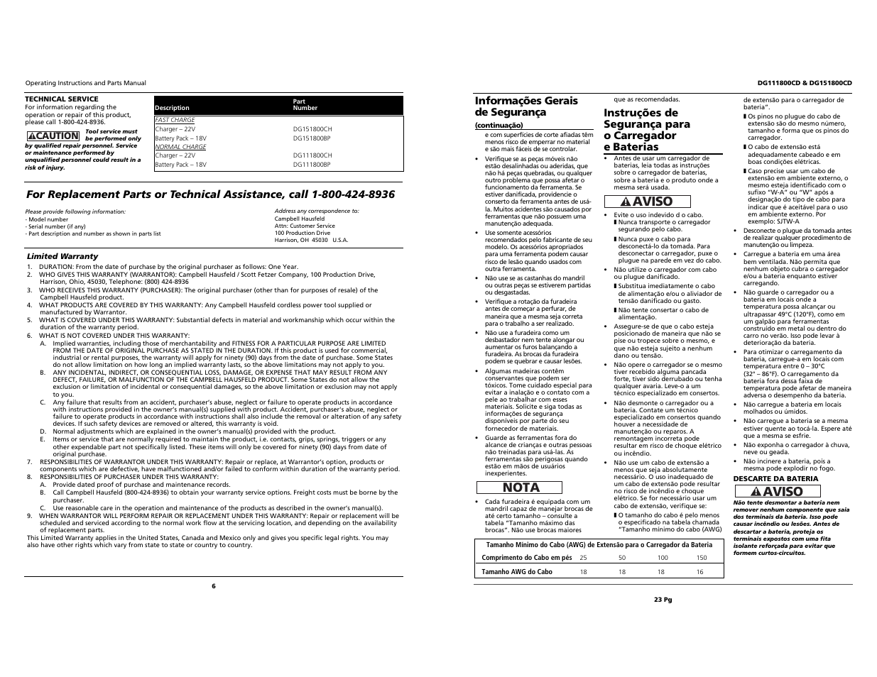 Aviso, Aviso nota, Informações gerais de segurança | Campbell Hausfeld DG151800CD User Manual | Page 6 / 14