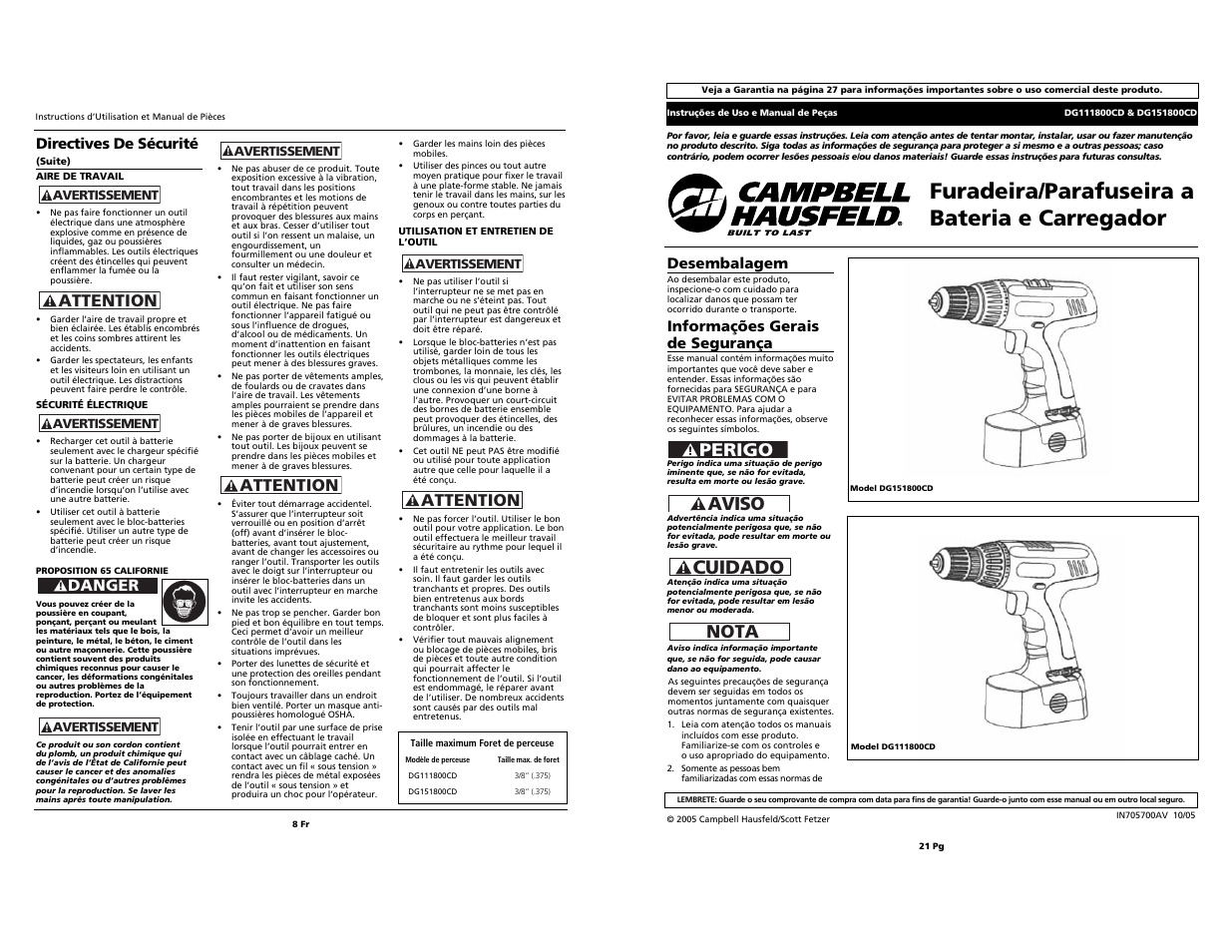 Furadeira/parafuseira a bateria e carregador, Nota, Cuidado | Perigo, Aviso, Attention, Danger | Campbell Hausfeld DG151800CD User Manual | Page 8 / 14