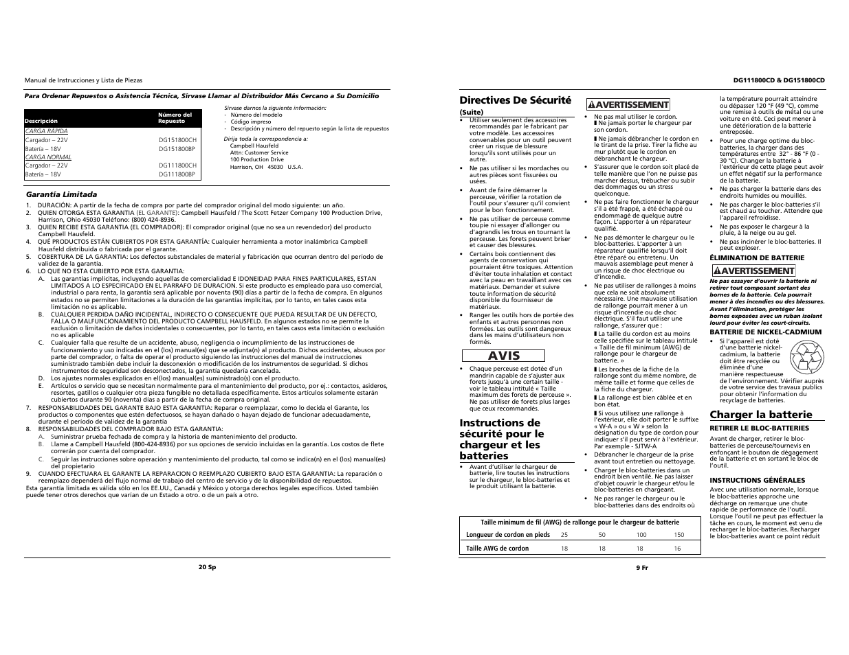 Avis, Directives de sécurité, Charger la batterie | Campbell Hausfeld DG151800CD User Manual | Page 9 / 14