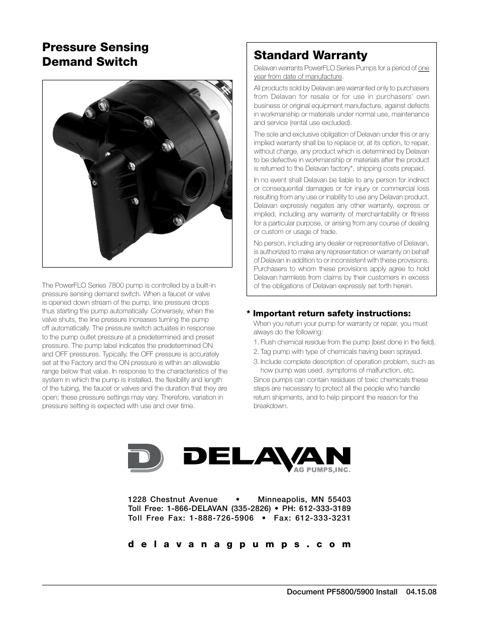 Pressure sensing demand switch, Standard warranty | Delavan 5900 Series User Manual | Page 2 / 6