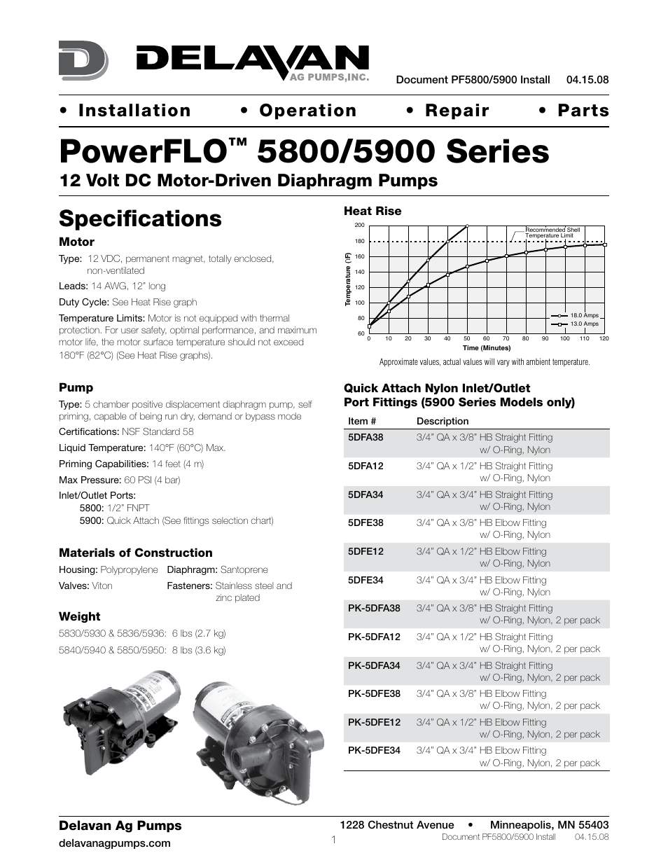 Powerflo, Specifications, Installation • operation • repair • parts | 12 volt dc motor-driven diaphragm pumps, Delavan ag pumps | Delavan 5900 Series User Manual | Page 3 / 6