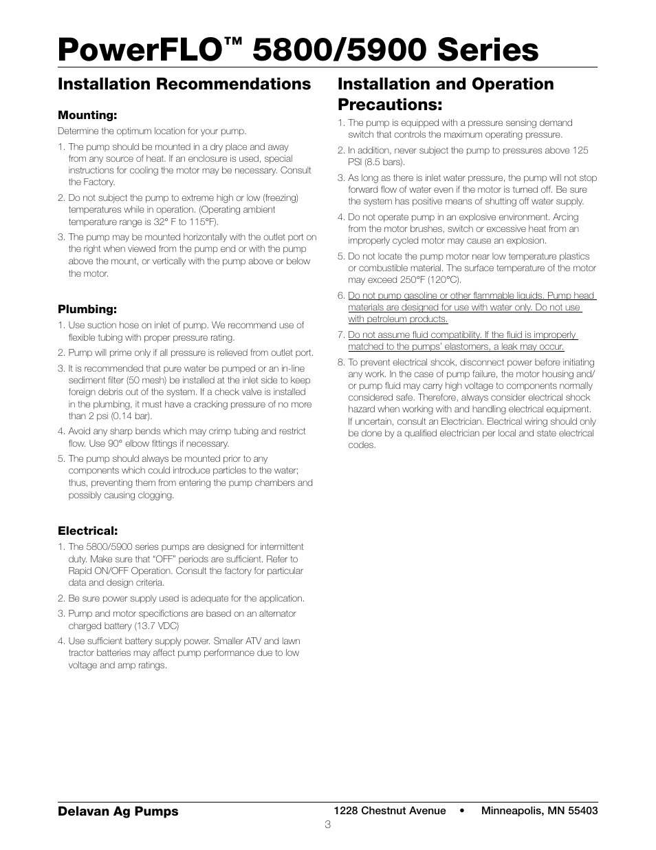 Powerflo, Installation and operation precautions, Installation recommendations | Delavan 5900 Series User Manual | Page 4 / 6