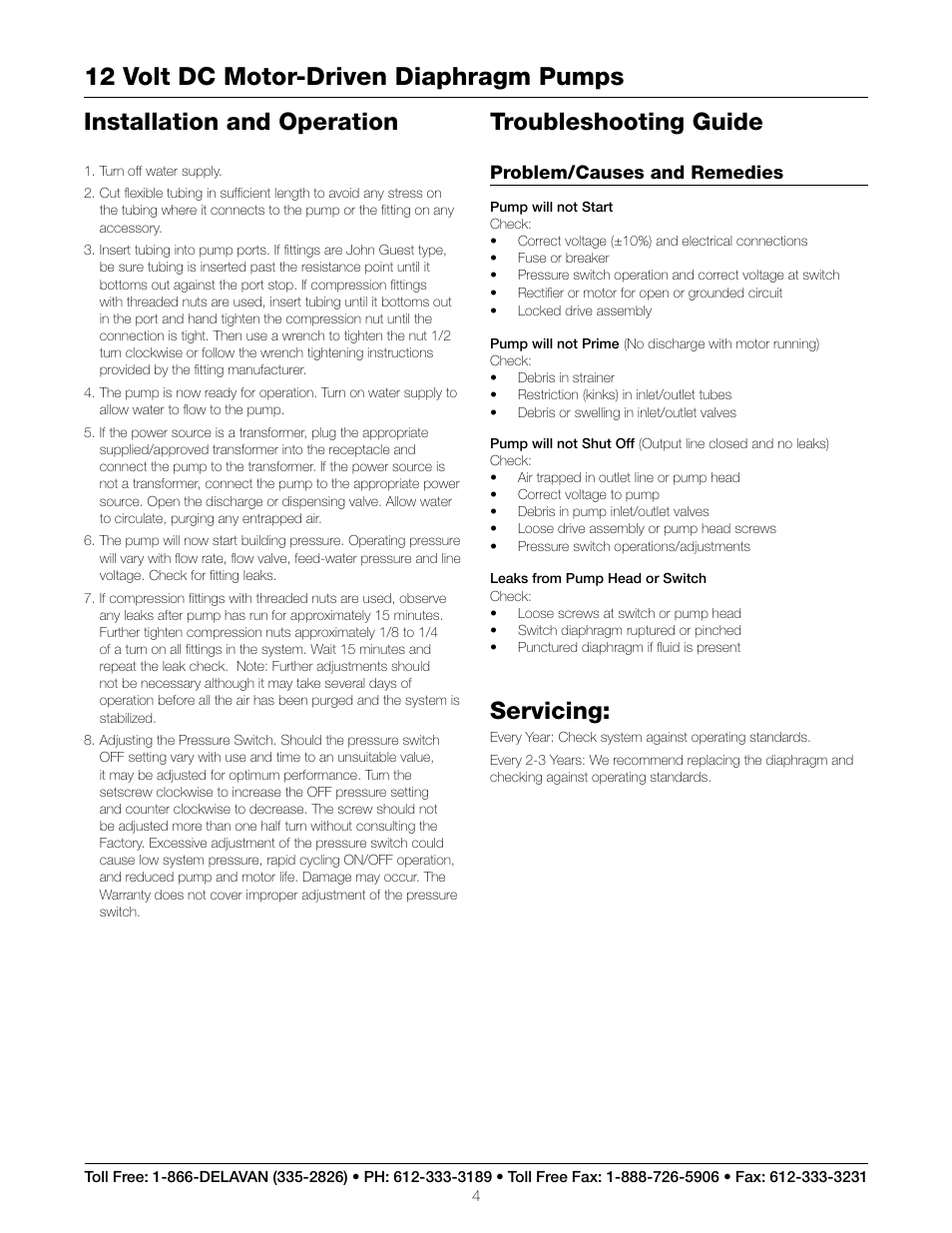 12 volt dc motor-driven diaphragm pumps, Installation and operation, Servicing | Troubleshooting guide | Delavan 5900 Series User Manual | Page 5 / 6