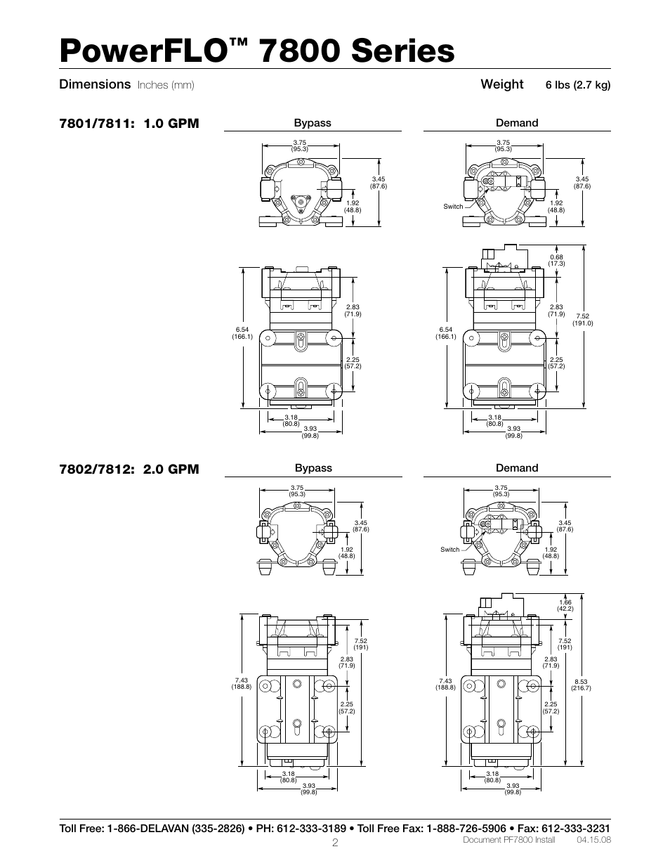 Powerflo, 7800 series, Weight | Dimensions, 6 lbs (2.7 kg), Inches (mm), Bypass demand bypass demand | Delavan 7800 Series User Manual | Page 2 / 6