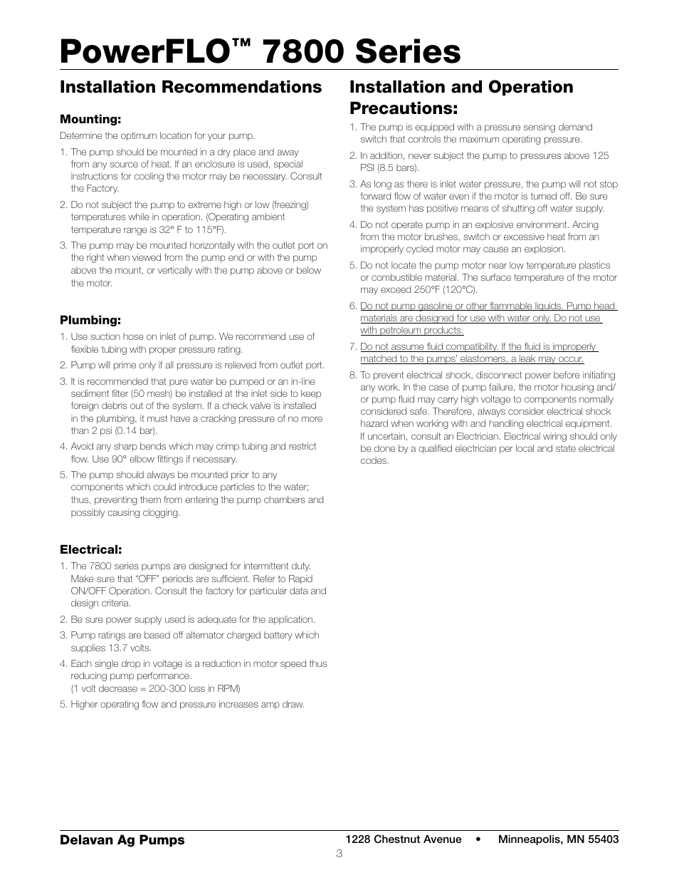 Powerflo, 7800 series, Installation and operation precautions | Installation recommendations | Delavan 7800 Series User Manual | Page 3 / 6