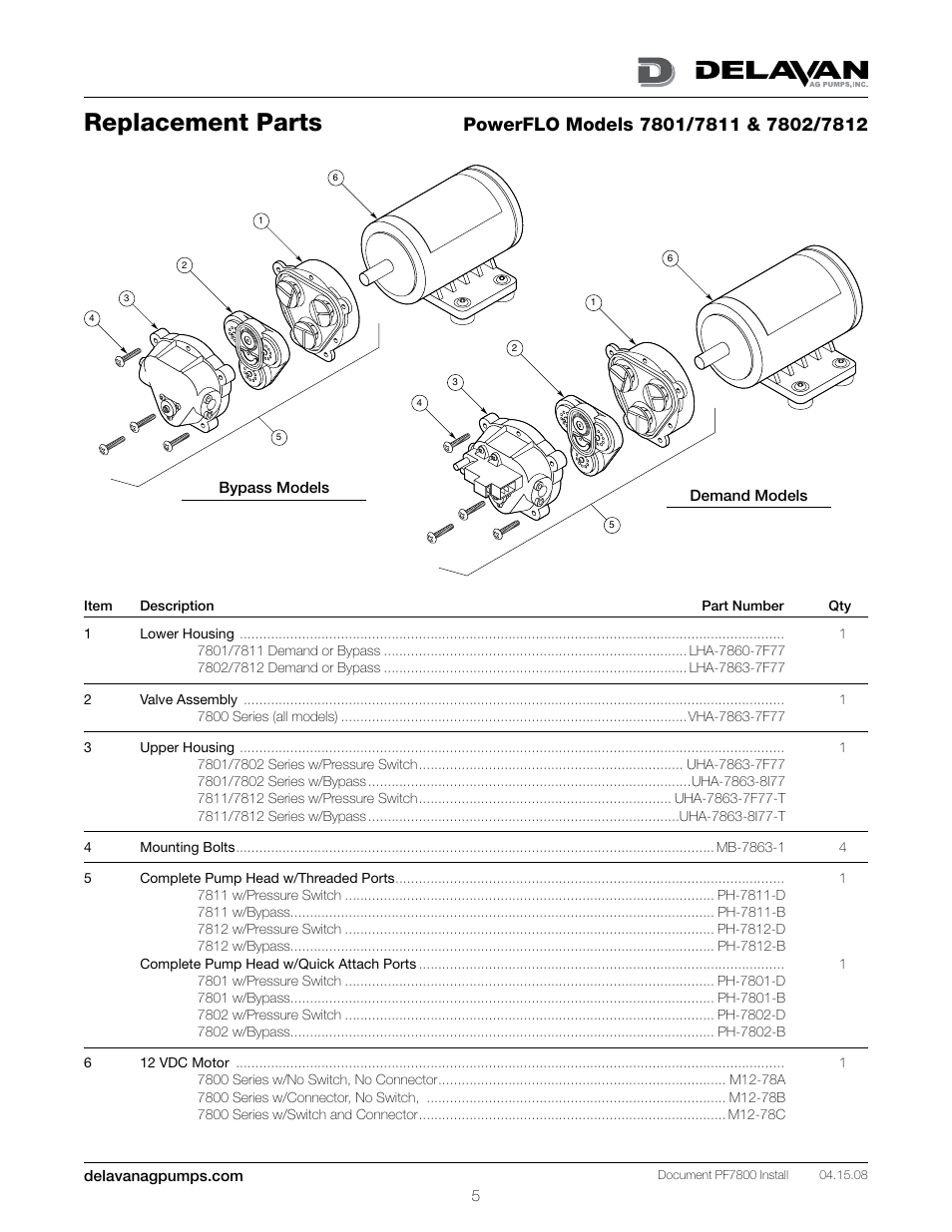 Replacement parts | Delavan 7800 Series User Manual | Page 5 / 6