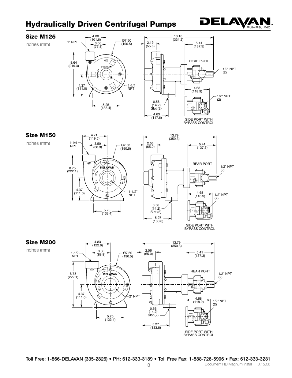 Hydraulically driven centrifugal pumps, Size m125, Size m150 | Size m200, Inches (mm) | Delavan M150 User Manual | Page 3 / 12