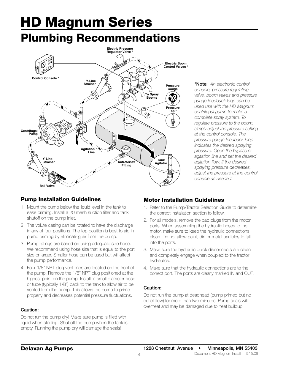 Hd magnum series, Plumbing recommendations, Delavan ag pumps | Pump installation guidelines, Motor installation guidelines | Delavan M150 User Manual | Page 4 / 12