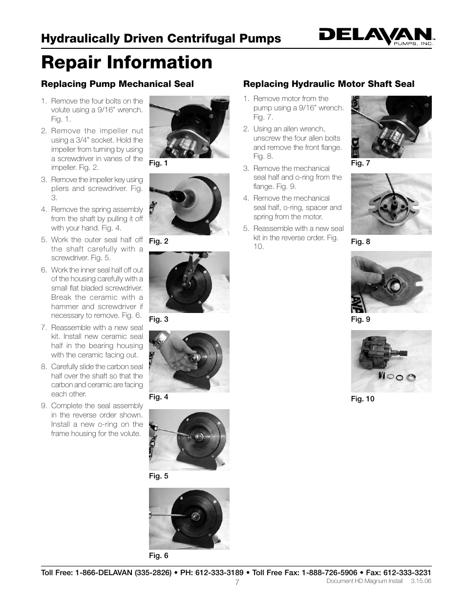 Repair information, Hydraulically driven centrifugal pumps | Delavan M150 User Manual | Page 7 / 12