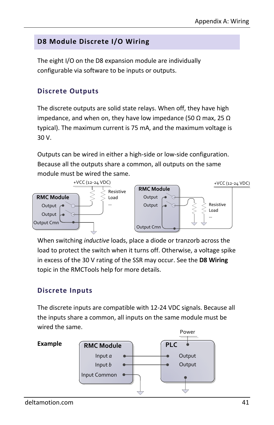 D8 module discrete i/o wiring, Discrete outputs, Discrete inputs | Delta RMC70 User Manual | Page 43 / 48