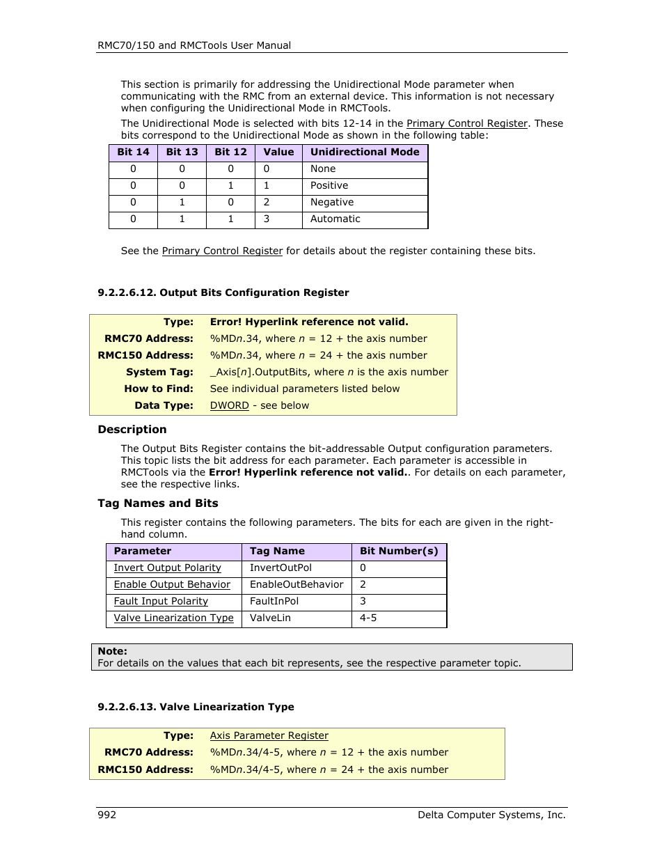 Output bits configuration register, Valve linearization type, E output register | Delta RMC151 User Manual | Page 1012 / 1221