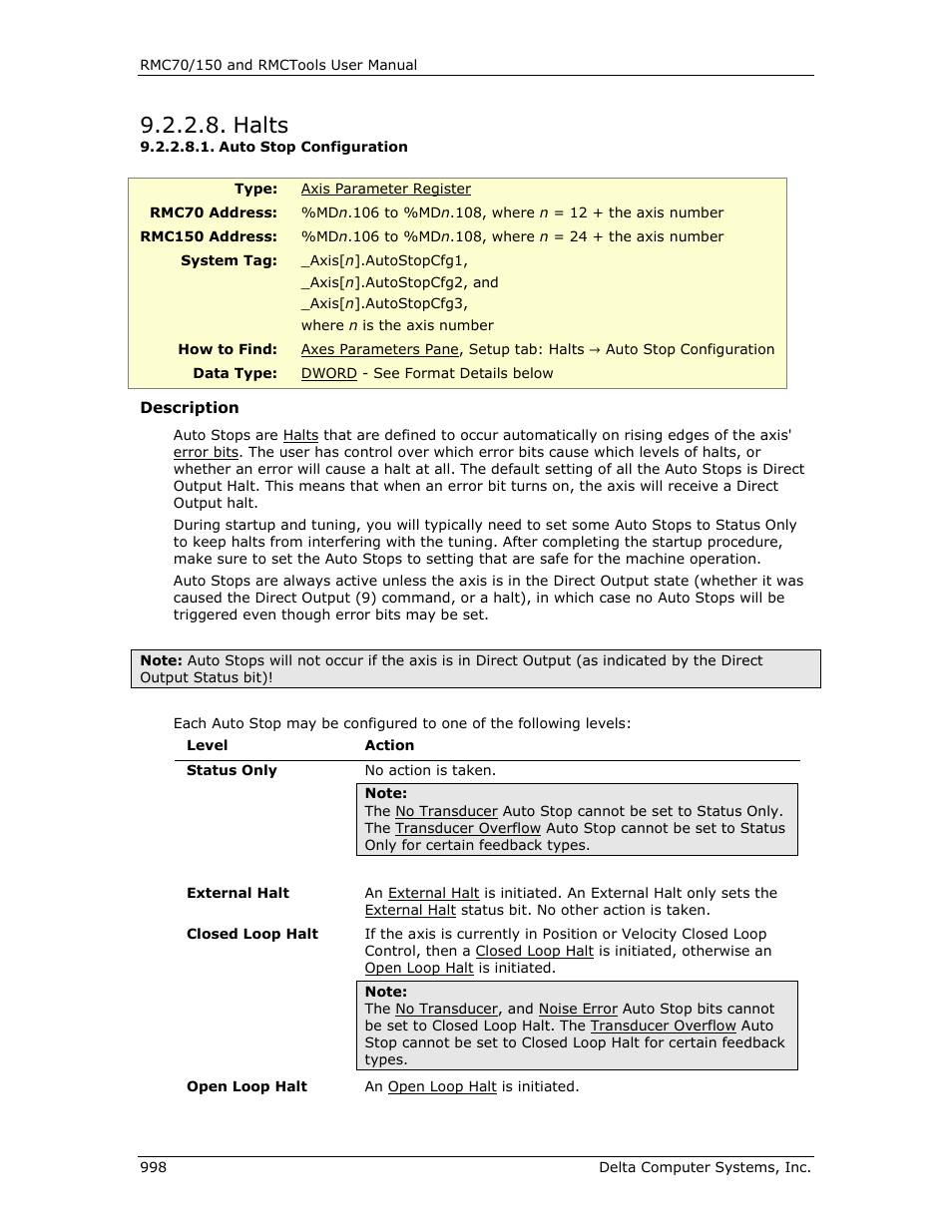 Halts, Auto stop configuration | Delta RMC151 User Manual | Page 1018 / 1221